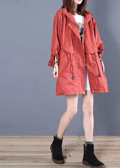 Mid-length Coats Fall Red Drawstring Coats