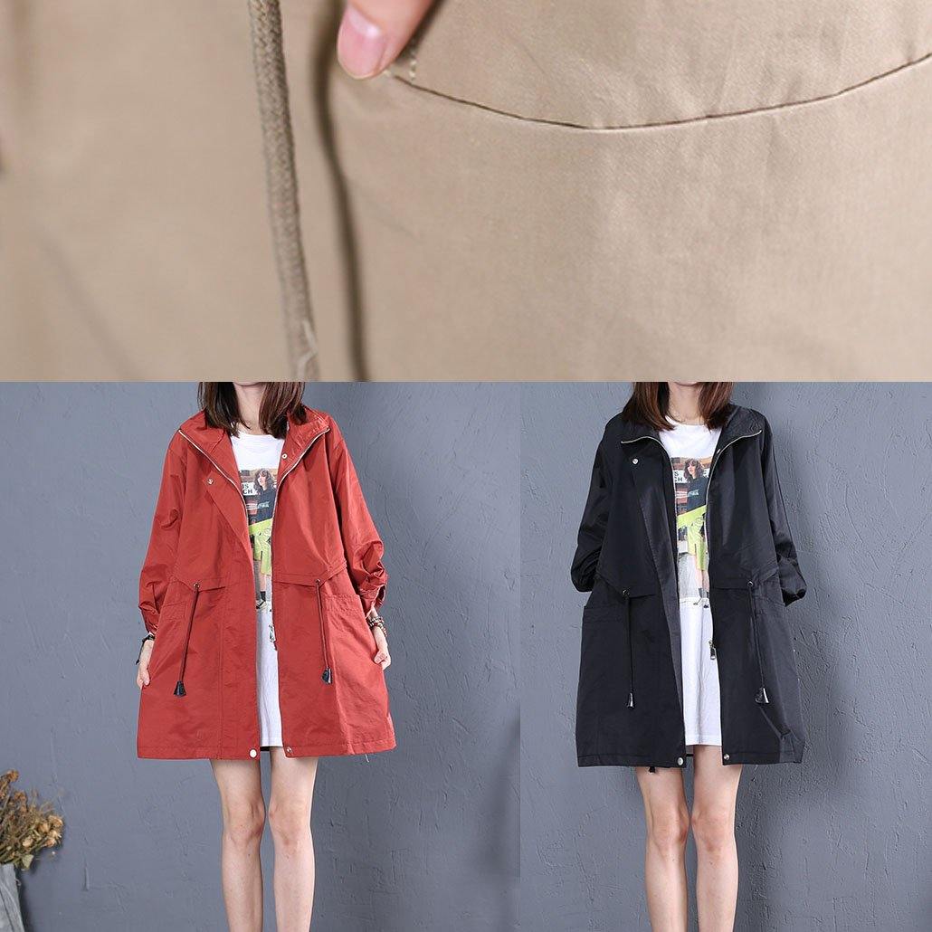 Mid-length Coats Fall Red Drawstring Coats