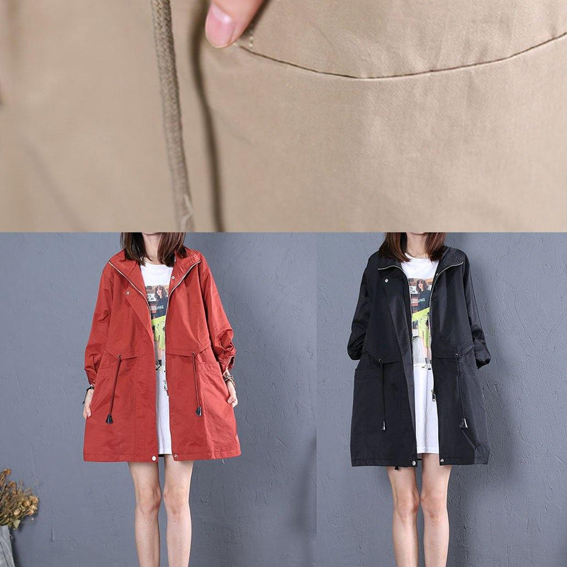 Mid-length Coats Fall Red Drawstring Coats