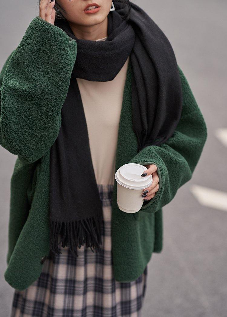 Winter Coat Woolen Outwear Green V Neck Pockets Outwear
