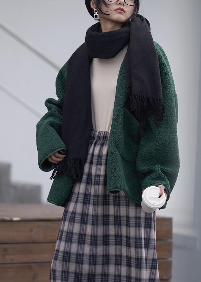 Winter Coat Woolen Outwear Green V Neck Pockets Outwear
