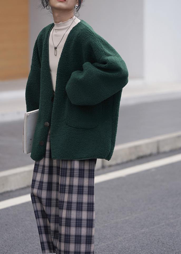 Winter Coat Woolen Outwear Green V Neck Pockets Outwear
