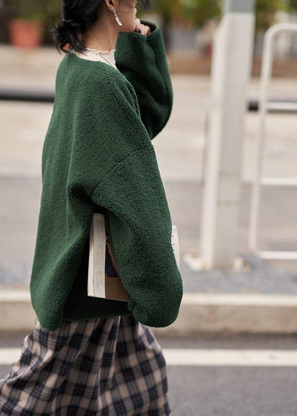Winter Coat Woolen Outwear Green V Neck Pockets Outwear