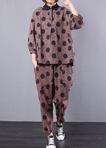 Two Pieces Red Dotted Loose Tops With Wild Pants