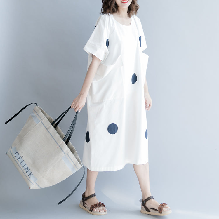White Dotted Cotton Shift Dress Oversize Shirt Dress New Short Sleeve O Neck Baggy Dresses Natural Cotton Dress