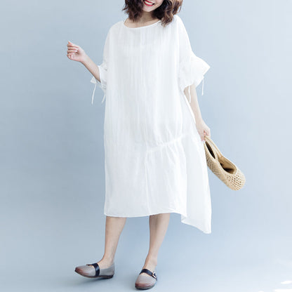 White Long Cotton Linen Dress O Neck Drawstring Caftans Fine Petal Sleeve Baggy Dresses