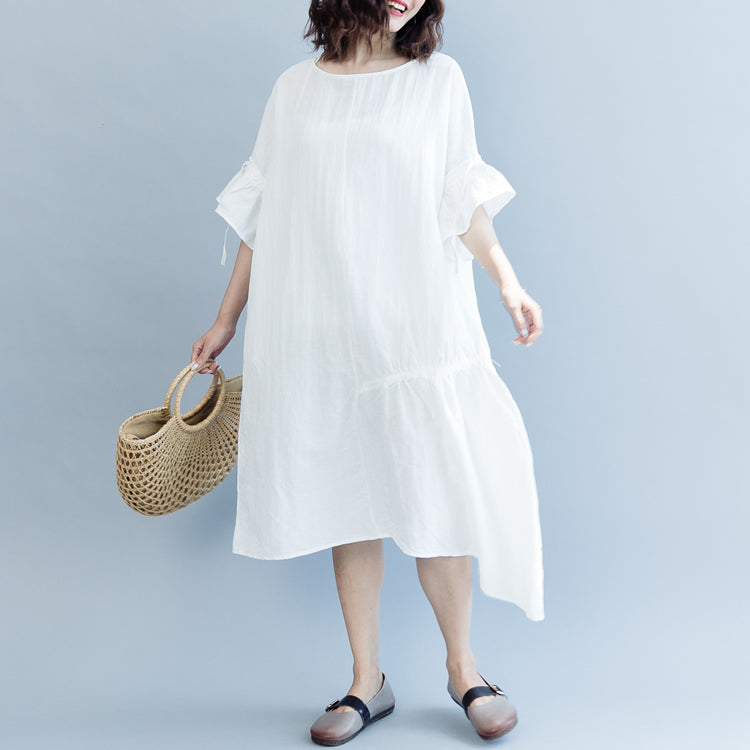White Long Cotton Linen Dress O Neck Drawstring Caftans Fine Petal Sleeve Baggy Dresses