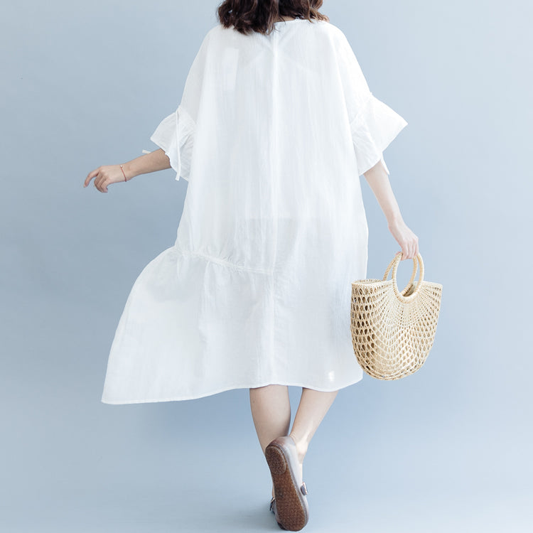 White Long Cotton Linen Dress O Neck Drawstring Caftans Fine Petal Sleeve Baggy Dresses