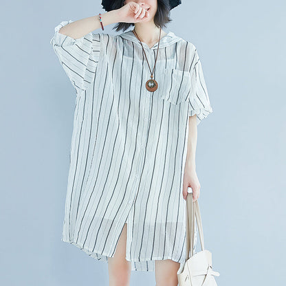 White Pure Cotton Dress Dress Long Sleeve Hooded Striped Clothing Dress