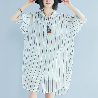 White Pure Cotton Dress Dress Long Sleeve Hooded Striped Clothing Dress