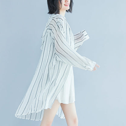 White Pure Cotton Dress Dress Long Sleeve Hooded Striped Clothing Dress