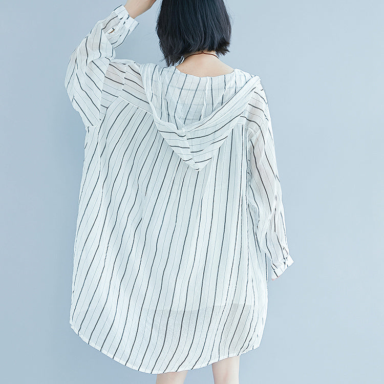 White Pure Cotton Dress Dress Long Sleeve Hooded Striped Clothing Dress