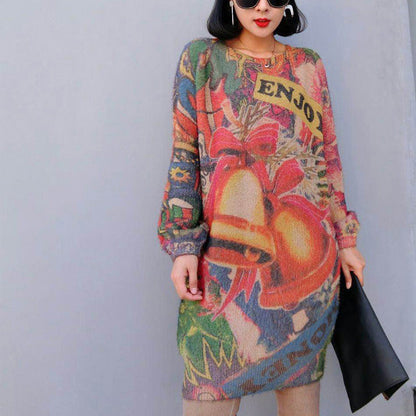 Winter Prints Knit Dresses Oversize Warm O Neck Wild Sweater Dress