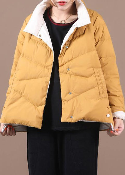 Yellow Duck Down Coat Loose Fitting Snow Jackets Stand Collar Pockets Overcoat