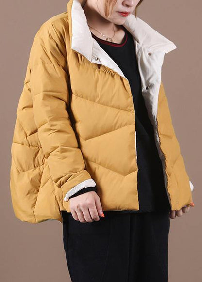 Yellow Duck Down Coat Loose Fitting Snow Jackets Stand Collar Pockets Overcoat