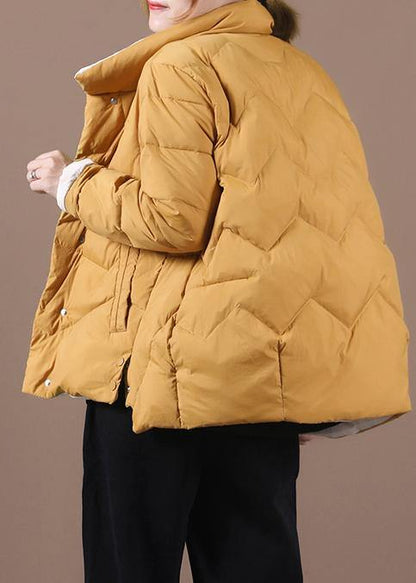 Yellow Duck Down Coat Loose Fitting Snow Jackets Stand Collar Pockets Overcoat