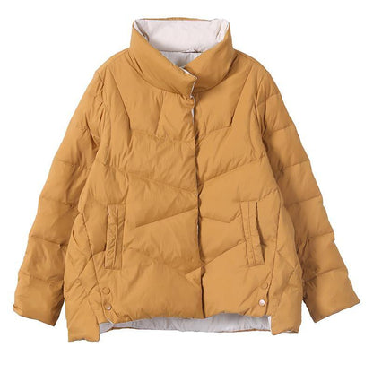 Yellow Duck Down Coat Loose Fitting Snow Jackets Stand Collar Pockets Overcoat