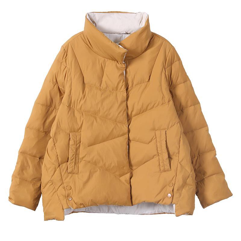 Yellow Duck Down Coat Loose Fitting Snow Jackets Stand Collar Pockets Overcoat
