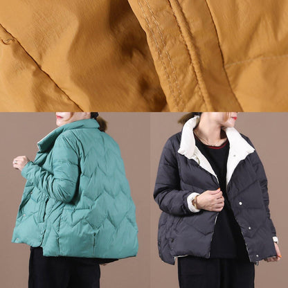 Yellow Duck Down Coat Loose Fitting Snow Jackets Stand Collar Pockets Overcoat