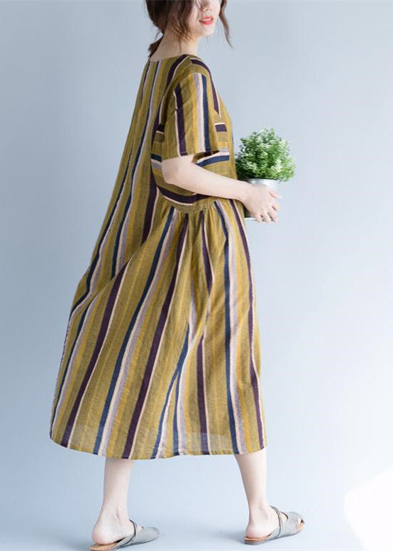 Yellow Long Cotton Linen Dress O Neck Traveling Clothing Fine Striped Short Sleeve Cotton Linen Caftans