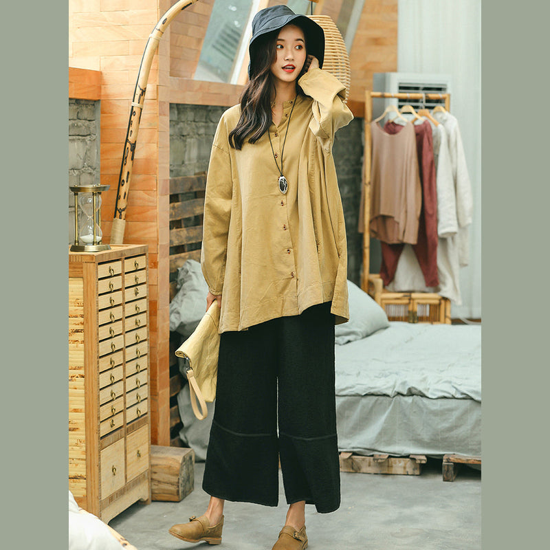 Yellow Shirt Clothing Stand Collar Baggy T Shirts Side Open Clothing Tops