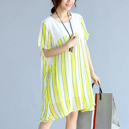 Yellow Striped Chiffon Dress Oversized Chiffon Patchwork O Neck Chiffon Clothing Dresses