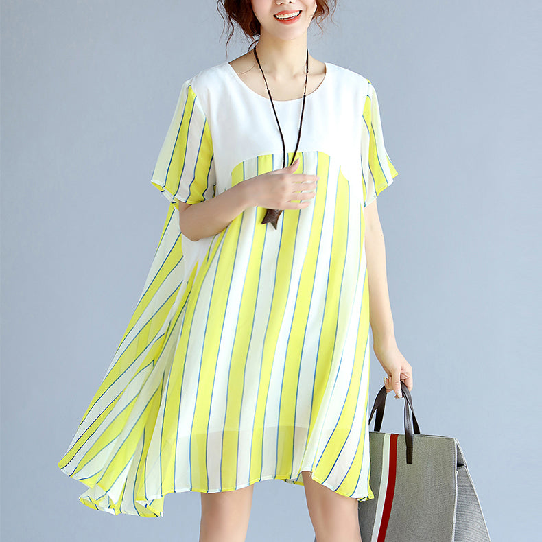 Yellow Striped Chiffon Dress Oversized Chiffon Patchwork O Neck Chiffon Clothing Dresses