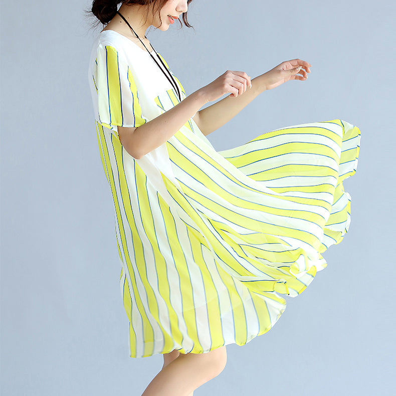 Yellow Striped Chiffon Dress Oversized Chiffon Patchwork O Neck Chiffon Clothing Dresses