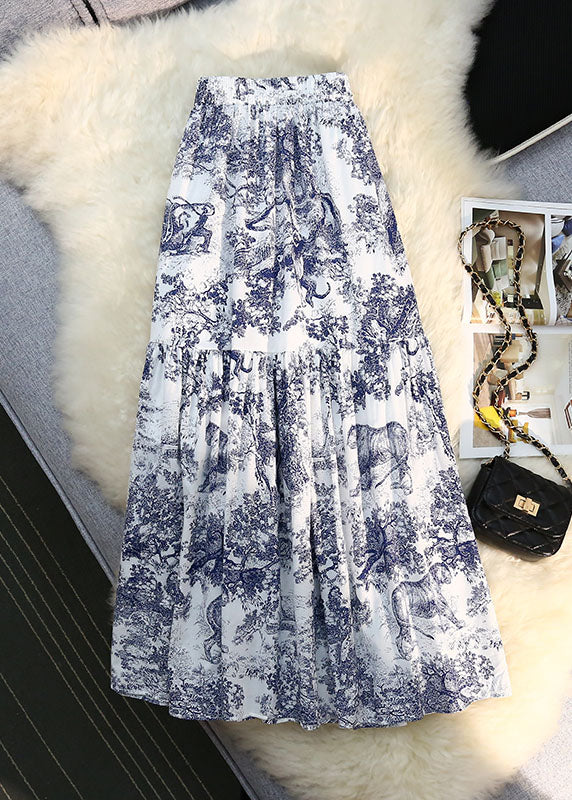 Season New Elastic Waist Retro Blue Print Ruffled Big Swing Skirt