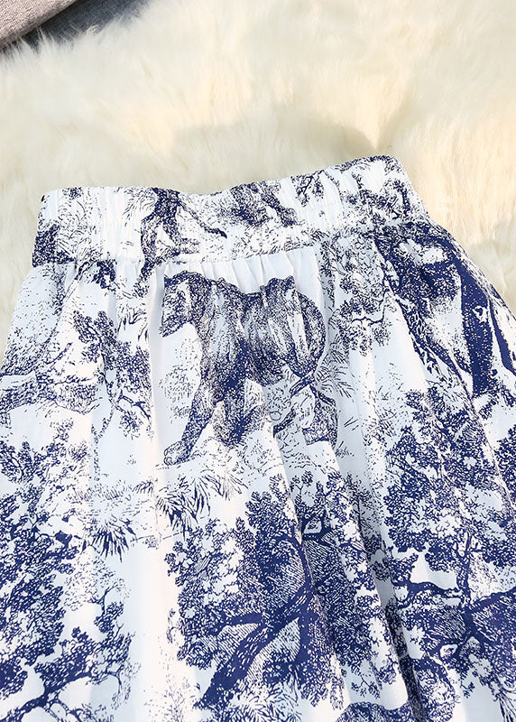 Season New Elastic Waist Retro Blue Print Ruffled Big Swing Skirt
