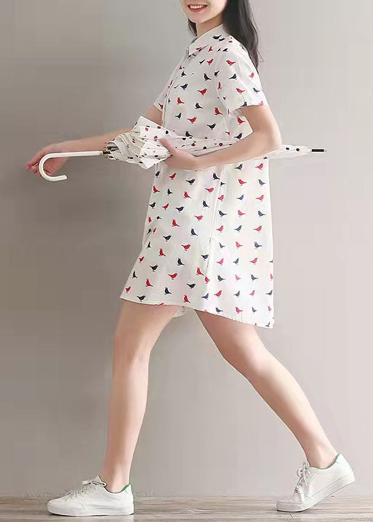Prints Linen Dress Lapel Collar Linen Gown Fine Shirt Dress