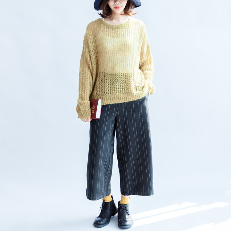 Yellow Green Cotton Sweater Oversize Side Open Cable Knit Hollow Out Sweaters