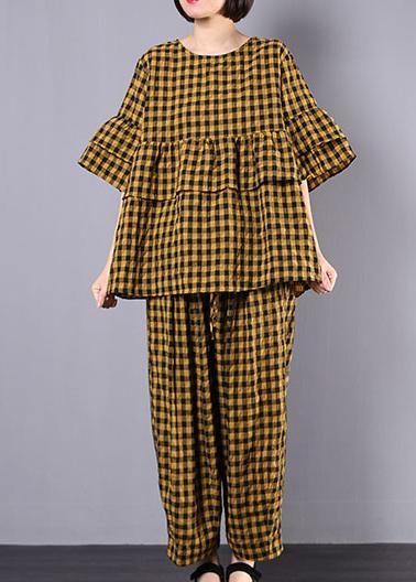 Yellow Plaid Cotton Linen Patchwork Ruffles Tops and Wide Leg Pants Two Pieces