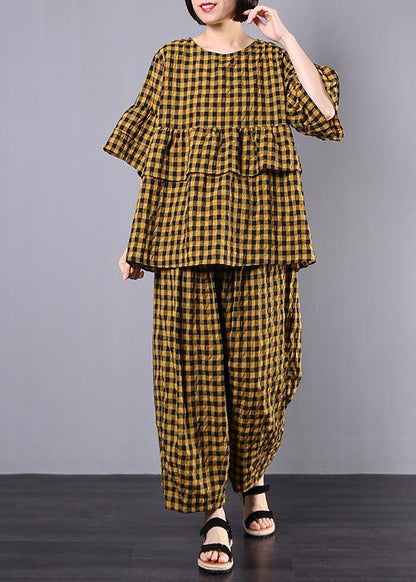 Yellow Plaid Cotton Linen Patchwork Ruffles Tops and Wide Leg Pants Two Pieces