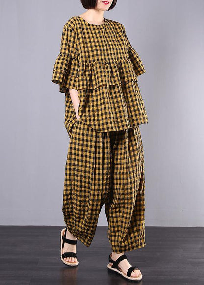 Yellow Plaid Cotton Linen Patchwork Ruffles Tops and Wide Leg Pants Two Pieces