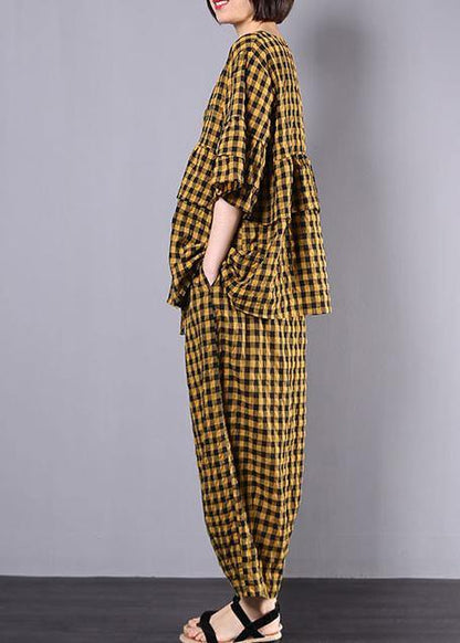 Yellow Plaid Cotton Linen Patchwork Ruffles Tops and Wide Leg Pants Two Pieces